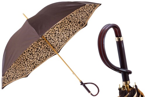 Brauner Regenschirm mit Flecken, Doppelgewebe f�r Damen - Manuelle �ffnung - 100% Polyester - Griff aus Acetat - Handmade in Italy
