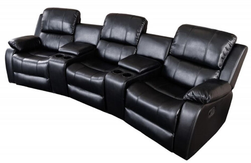 Casa Padrino Kunstleder 3er Kinosessel Schwarz 295 x 95-165 x H. 78-101 cm - Wohnzimmer Fernsehsessel mit Getr�nkehalter und Ablagefach - Kunstleder M�bel - Wohnzimmer M�bel