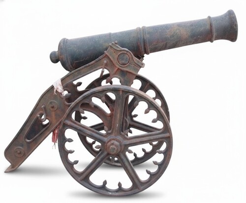 Casa Padrino Antik Stil Deko Kanone Schwarz / Rostfarben L. 260 cm - Historische Gusseisen Kanone mit Zierr�dern - Mittelalter Garten Deko
