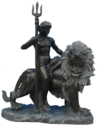 Casa Padrino Antik Stil Marmor Skulptur Mann auf L�we Links Schwarz / Grau H. 100 cm - Garten Deko