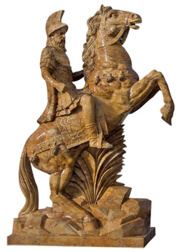 Casa Padrino Antik Stil Marmor Skulptur R�mer auf Pferd links Braun H. 210 cm - Garten Deko