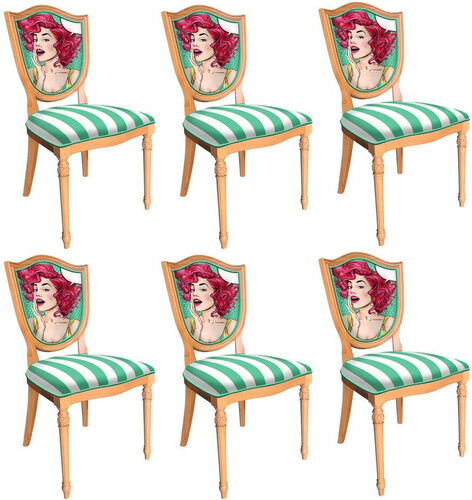 Casa Padrino Art Deco Esszimmerstuhl Set Gr�n / Wei� / Mehrfarbig / Naturfarben - 6 Handgefertigte Art Deco K�chen St�hle mit Design und Streifen - Art Deco Esszimmer M�bel