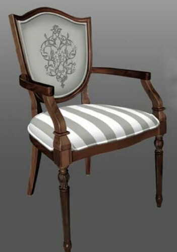 Casa Padrino Art Deco Esszimmerstuhl mit Armlehnen Grau / Wei� / Braun - Gestreifter Massivholz Stuhl mit elegantem Muster - Art Deco Esszimmer M�bel