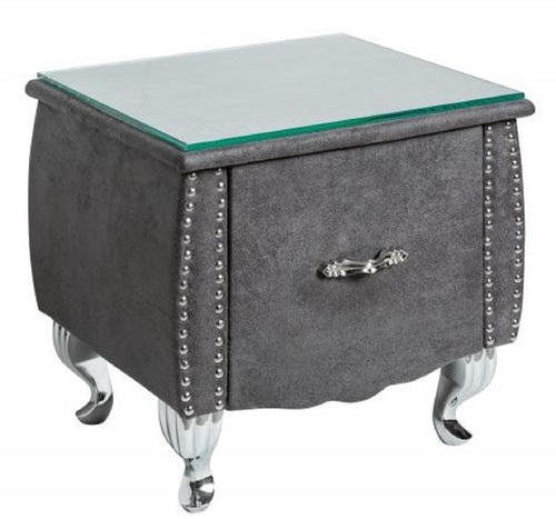 Casa Padrino Art Deco Nachttisch mit Schublade und Glasplatte Antik Grau / Silber 47 x 41 x H. 45 cm - Schlafzimmerm�bel