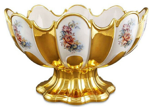 Casa Padrino Barock Sch�ssel mit Blumen Design Gold / Wei� / Mehrfarbig 52 x 42 x H. 32 cm - Prunkvolle handgefertigte & von Hand bemalte Keramik Sch�ssel veredelt mit 24 Karat Gold