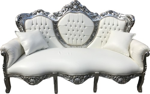 Casa Padrino Barock 3er Sofa King Wei� Lederoptik / Silber mit Bling Bling Glitzersteinen - Wohnzimmer Couch M�bel Lounge