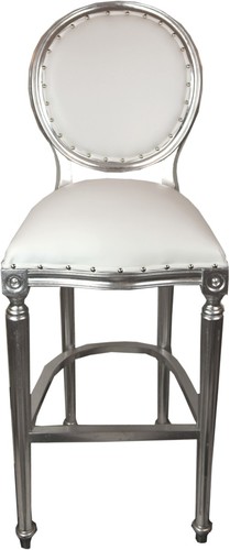 Casa Padrino Luxus Barock Bar Stuhl Wei� / Silber Ledertoptik - Hochstuhl Barstuhl Barhocker - Club M�bel