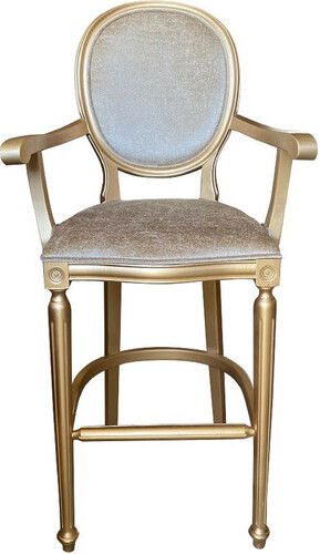 Casa Padrino Barock Barstuhl mit Armlehnen Gold  / Gold - Massivholz Antik Stil Barhocker mit Samtstoff - Handgefertigte Barock Barm�bel