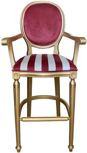 Casa Padrino Barock Barstuhl mit Armlehnen Bordeauxrot / Wei� / Gold - Gestreifter Antik Stil Samt Barhocker - Handgefertigte Barock Barm�bel