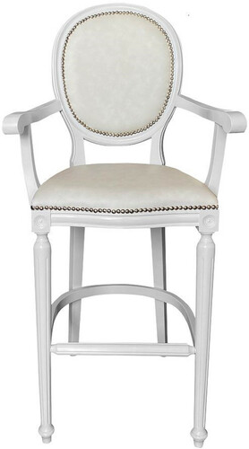Casa Padrino Barock Barstuhl mit Armlehnen Wei� / Wei� - Massivholz Antik Stil Barhocker mit Kunstleder - Handgefertigte Barock Barm�bel