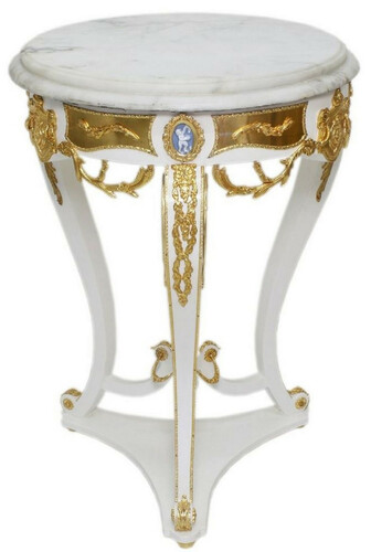 Casa Padrino Barock Beistelltisch Wei� / Gold - Runder Antik Stil Tisch mit Marmorplatte - Barock Wohnzimmer M�bel