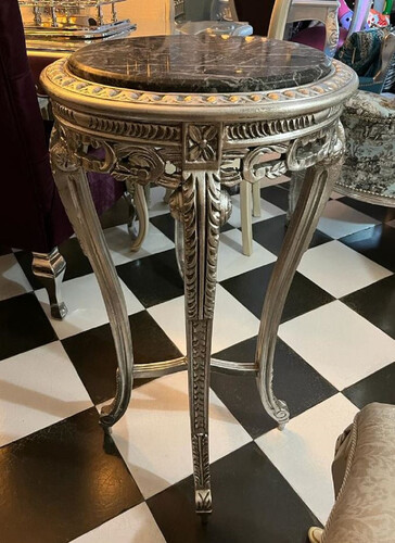 Casa Padrino Barock Beistelltisch Silber / Schwarz - Runder Massivholz Tisch mit Marmorplatte im Barockstil - Wohnzimmer M�bel im Barockstil - Barock M�bel