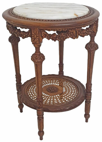 Casa Padrino Barock Beistelltisch Braun / Wei� - Runder Barockstil Massivholz Tisch mit Marmorplatte - Wohnzimmer M�bel im Barockstil - Barock M�bel