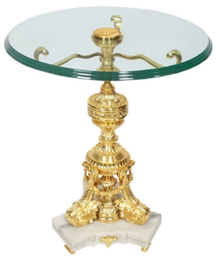 Casa Padrino Barock Beistelltisch Gold / Wei�  53 x H. 67 cm - Runder vergoldeter Bronze Tisch mit Glasplatte und Marmorsockel - Barock Wohnzimmer M�bel