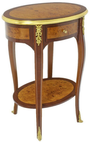 Casa Padrino Barock Beistelltisch Dunkelbraun / Hellbraun / Gold 50 x 35 x H. 75 cm - Ovaler Massivholz Tisch mit Schublade - Barock Wohnzimmer M�bel