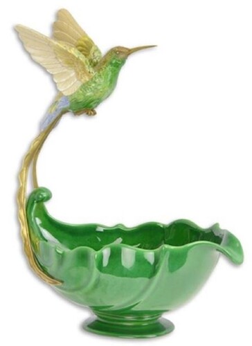 Casa Padrino Luxus Blumenschale Kolibri Vogel Gr�n / Mehrfarbig 28,2 x 17 x H. 36 cm - Porzellan Pflanzenschale - Wohnzimmer Deko Accessoires
