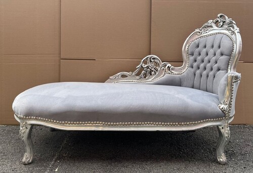 Casa Padrino Barock Chaiselongue Rechte Seite Grau / Silber 155 cm - Barock M�bel