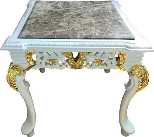 Casa Padrino Barock Beistelltisch Wei� / Gold / Grau - Handgefertigter Massivholz Tisch mit Marmorplatte - Barock M�bel