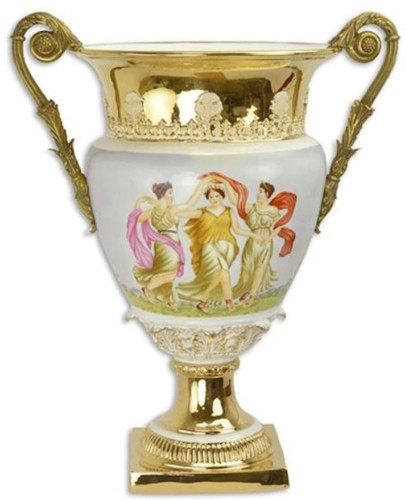Casa Padrino Barock Deko Vase Wei� / Mehrfarbig / Gold 46,4 x 32 x H. 56,7 cm - Prunkvolle Porzellan Blumenvase mit 2 Bronze Griffen - Deko Accessoires im Barockstil