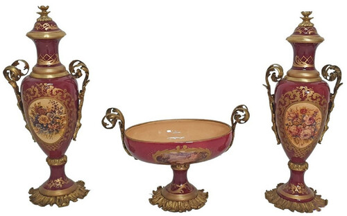 Casa Padrino Barock Deko Keramik Vasen Set mit Schale Rot / Mehrfarbig / Messing - Prunkvolle Deko im Barockstil - Barock Deko Accessoires - Barock M�bel - Edel & Prunkvoll