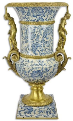 Casa Padrino Barock Deko Vase Creme / Blau / Gold 53 x 47,8 x H. 85,7 cm - Prunkvolle Porzellan Blumenvase mit 2 Bronze Griffen - Deko Accessoires im Barockstil
