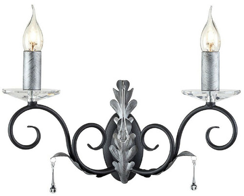 Casa Padrino Barock Doppel Wandleuchte Schwarz / Silber 37 x 19 x H. 38 cm - Elegante Wandlampe mit handgefertigten Stahl Eichenbl�ttern und dekorativen Glastropfen - Wandleuchten im Barockstil