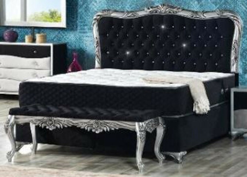 Casa Padrino Barock Samt Bett Schwarz / Silber - Prunkvolles Doppelbett mit Glitzersteinen und Matratze - Barock Schlafzimmer M�bel