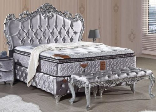 Casa Padrino Barock Doppelbett Silber - Prunkvolles Samt Bett mit Glitzersteinen und Matratze - Barock Schlafzimmer M�bel