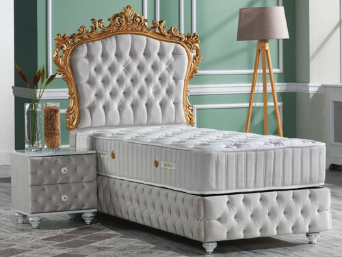 Casa Padrino Barock Schlafzimmer Set Grau / Wei� / Silber / Gold - Prunkvolles Einzelbett mit Nachttisch - Schlafzimmer M�bel im Barockstil