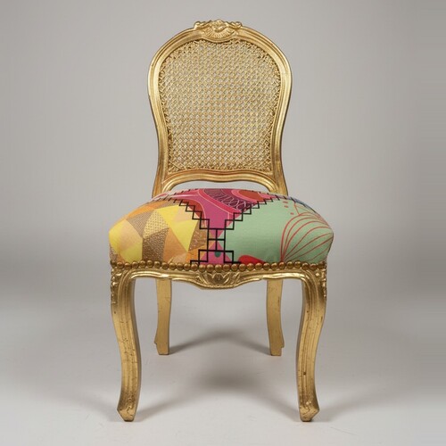 Casa Padrino Barock Esszimmerstuhl Gold / Mehrfarbig - Stuhl mit Rattan R�ckenlehne und Patchwork Sitz