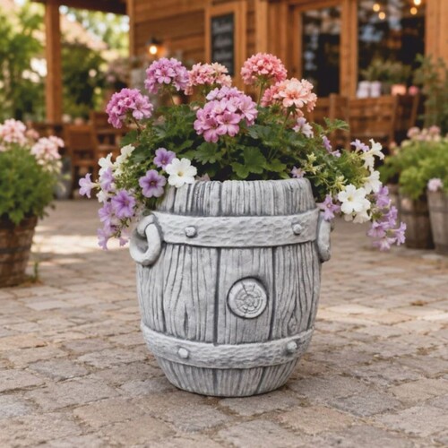 Casa Padrino Garten Deko Blumentopf in Fassform Grau H. 38  cm - Runder Pflanzentopf - Garten & Terrassen Deko