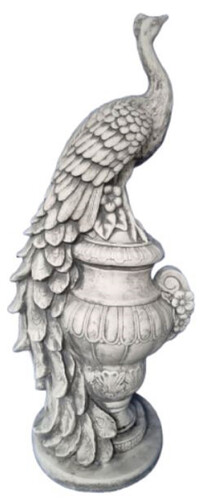 Casa Padrino Barock Garten Deko Skulptur Pfau auf Vase Grau H. 82 cm - Prunkvolle Garten Deko Stein Figur - Barock Garten Deko Accessoires - Barock Garten Skulpturen