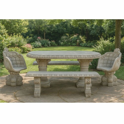 Casa Padrino Barock Garten M�bel Set Grau - 1 Tisch - 2 St�hle - 2 Sitzb�nke