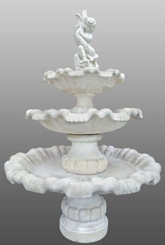 Casa Padrino Barock Gartenbrunnen Junge mit Fisch Wei  130 x H. 186 cm - 3 Stufiger Springbrunnen - Gartenbrunnen