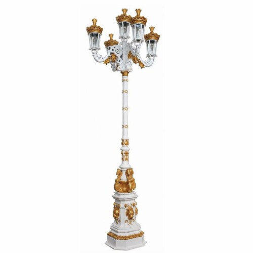 Casa Padrino Barock Gusseisen Gartenlaterne Wei� / Gold H. 310 cm - Prunkvolle Barock Au�enstehleuchte - Barock Au�enbeleuchtung