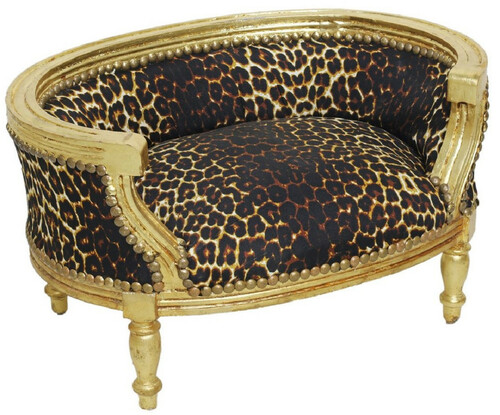 Casa Padrino Barock Hundebett & Katzenbett Leopard Muster / Antik Gold - Handgefertigtes Hunde & Katzen Sofa im Barockstil - Barock Hunde & Katzen M�bel - Barock Tierm�bel