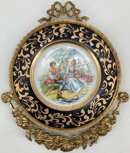 Casa Padrino Barock Keramik Wandteller Schwarz / Mehrfarbig / Messing - Barock Wandbild mit verziertem Messing Rahmen - Barock Wanddeko Accessoires