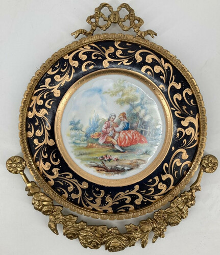 Casa Padrino Barock Keramik Wandteller mit verziertem Messing Rahmen Schwarz / Mehrfarbig / Messing - Barock Wandbild - Barock Wanddeko Accessoires