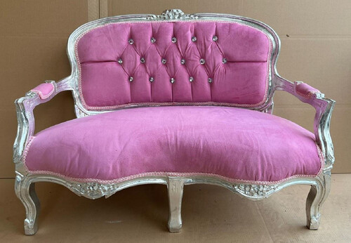 Casa Padrino Barock Kinder Sitzbank mit Glitzersteinen und Armlehnen Rosa / Silber - Prunkvolle Antik Stil Kinderzimmer Bank - Kinderm�bel im Barockstil - Barock Kinderzmmer M�bel