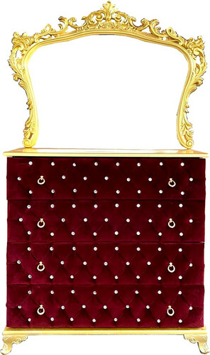 Casa Padrino Barock Schlafzimmer Kommode mit Glitzersteinen und elegantem Wandspiegel Boardeauxrot / Gold - Schlafzimmer M�bel im Barockstil