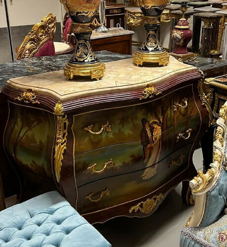 Casa Padrino Barock Kommode Braun / Gold / Mehrfarbbig / Cremefarben - Handgefertigte Kommode mit 3 Schubladen und Marmorplatte - Barock M�bel