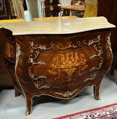 Casa Padrino Barock Kommode Dunkelbraun / Braun Intarsien / Gold / Cremefarben - Handgefertigte Massivholz Kommode mit 4 Schubladen und Marmorplatte - Barock M�bel