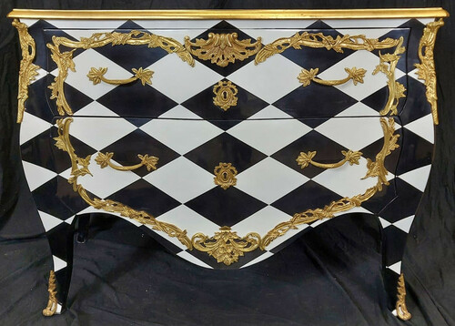 Casa Padrino Barock Kommode mit Karo Design und 2 Schubladen Schwarz / Wei� / Gold - Handgefertigte Massivholz Kommode im Barockstil - Schlafzimmer M�bel im Barockstil - Barock M�bel