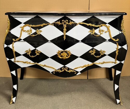 Casa Padrino Barock Kommode mit Karo Design und 2 Schubladen Schwarz / Wei� / Gold 118 cm
