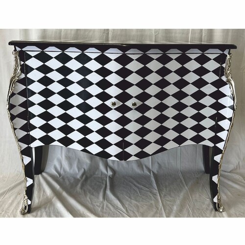 Casa Padrino Barock Kommode mit Karo Design und 2 T�ren Schwarz / Wei� / Silber - Barock M�bel