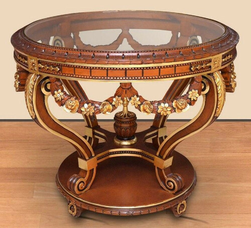 Casa Padrino Barock Konferenztisch Braun / Gold - Runder Massivholz B�ro Tisch mit Glasplatte - Barock B�ro M�bel - Edel & Prunkvoll