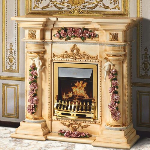 Casa Padrino Luxus Barock LED Keramik Elektrokamin Beige / Bunt / Gold 135 cm - Made in Italy