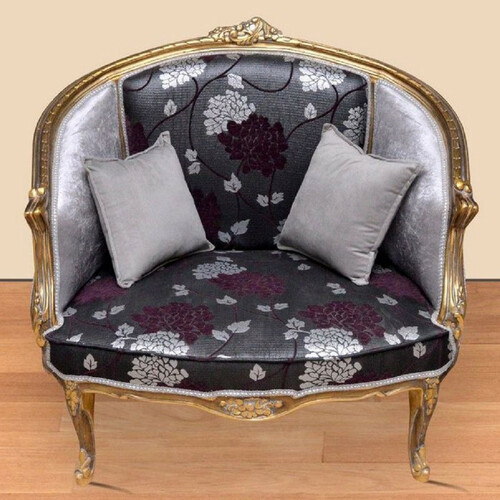 Casa Padrino Barock Sessel mit elegantem Muster Schwarz / Lila / Silber / Gold - Barockstil Wohnzimmer Sessel - Antik Stil Sessel - Barockstil Wohnzimmer M�bel - Barock M�bel - Barock Einrichtung