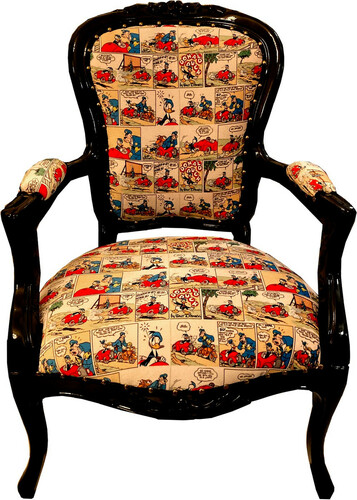 Casa Padrino Barock Salonstuhl mit Comic Design Mehrfarbig / Schwarz / Gold - Handgefertigter Massivholz Salon Stuhl mit Samtstoff - Barock M�bel