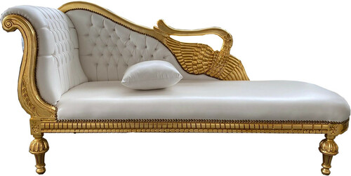 Casa Padrino Barock Chaiselongue Wei Lederoptik / Gold -  Golden Wings - Antik Stil Mbel